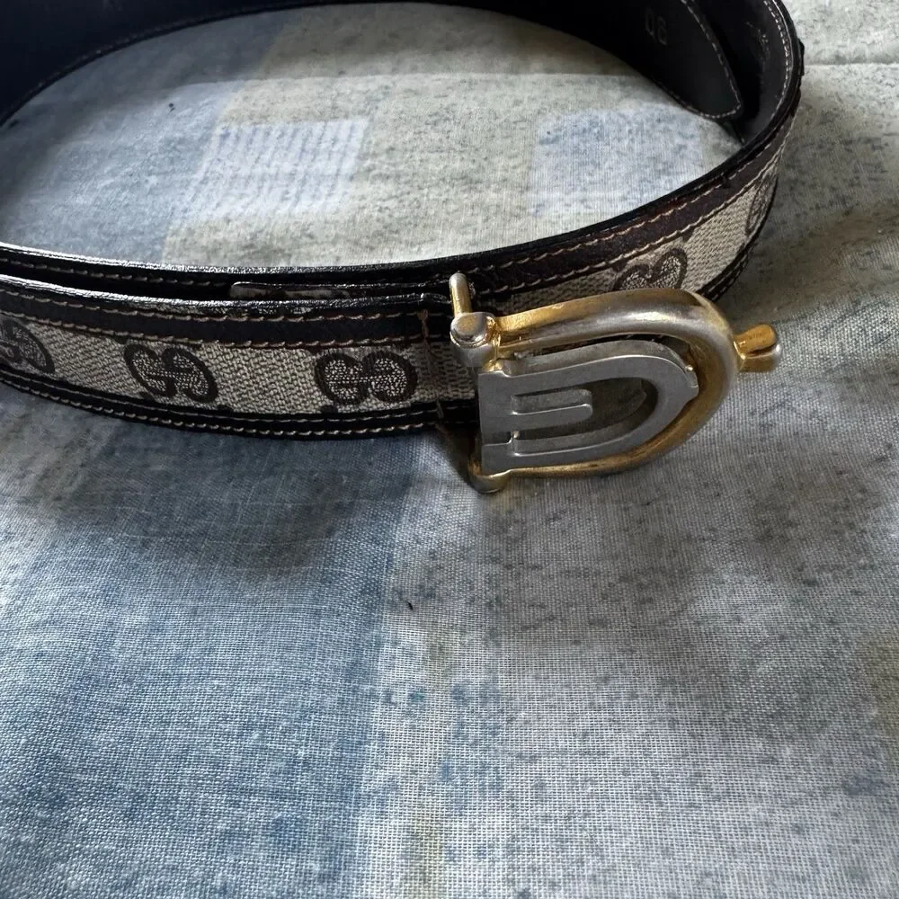 Gucci Dual Metal Monogram GG Leather Vintage Rare Canvas Dark Blue Belt Size 90